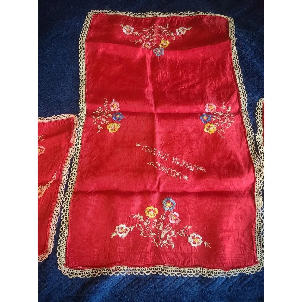 Vintage Terceira Azores Embroidered Red Silk Linens Set 3pc Floral Crochet Lace